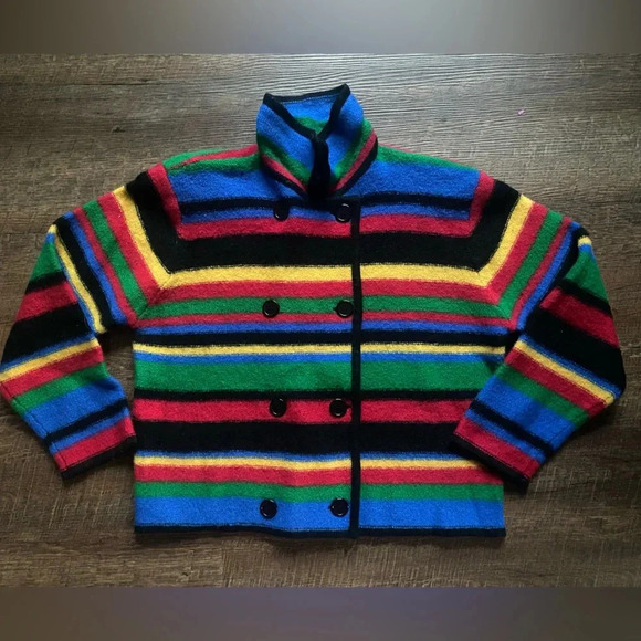 TALBOTS 90s vintage wool sweater rainbow striped peacoat cardigan sz M - Picture 10 of 15
